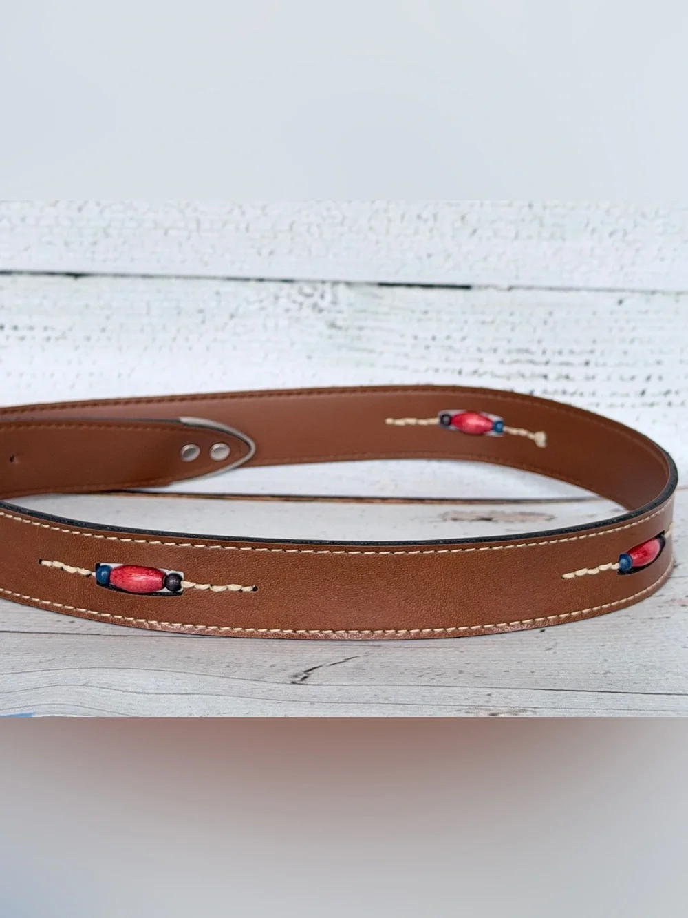 Vintage Western Brown Leather Belt Horseshoe Silver Buckle Boho Beaded Inlay